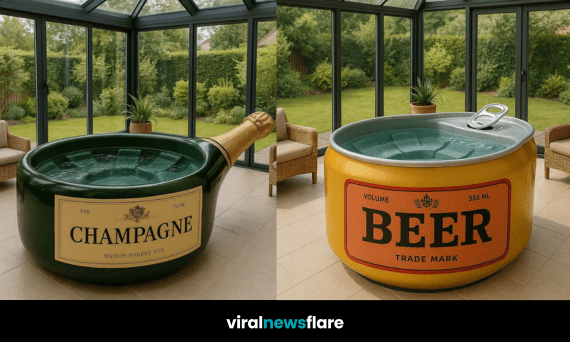 A set of drink-inspired hot tubs including Champagne, beer, gin, and whisky designs in sunroom settings.