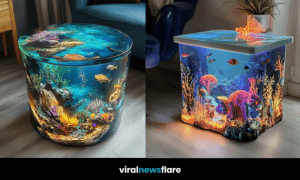 Stunning square coffee table styled as a glowing aquarium with colourful coral and fish.