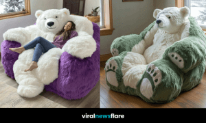 Side-by-side view of oversized bear-shaped armchairs in purple and green, featuring a woman relaxing in the purple version, with "viralnewsflare" branding at the bottom.