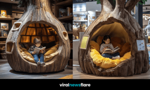 Cosy tree-themed reading pod for children, designed to look like a hollow tree trunk with soft interiors