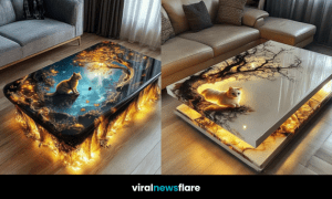 A collection of cat-themed fantasy coffee tables with glowing woodland scenes and built-in LED lighting.