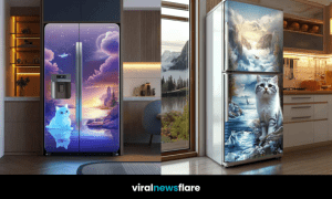 A collection of five fridges with whimsical and fantasy cat designs in modern kitchen settings