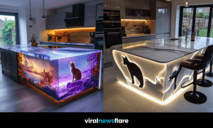 Split image of two cat-themed LED kitchen islands, one with a fantasy landscape and the other with glowing minimalist silhouettes, featured by Viral Newsflare.
