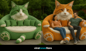 Collection of oversized outdoor cat-shaped sofas in purple, blue, orange, and green on garden patios