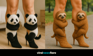 Collection of animal-themed heels featuring cats, sloths, snakes, and pandas in artistic fashion styles