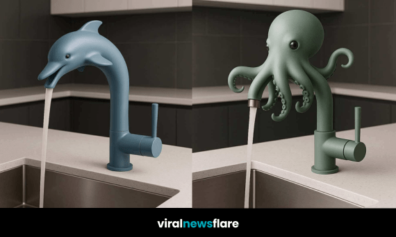 Whimsical animal-shaped kitchen taps including otter, dolphin, octopus, and penguin designs on a modern countertop
