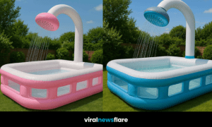 Collection of colourful inflatable paddling pools with shower features in a garden setting