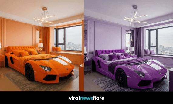 car-shaped bed with tufted headboard in a luxury city-view bedroom