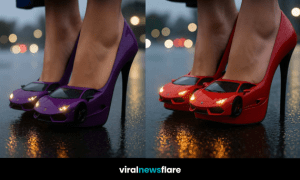 Stylish supercar-inspired high heels with headlights on wet pavement at night