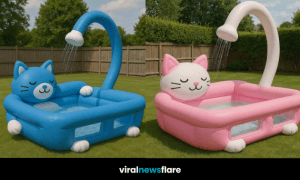 Colourful inflatable cat paddling pool with a shower spray tail in a sunny outdoor garden setting.