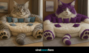 Collection of four giant cat-shaped sofas in different colours including grey, purple, orange, and brown tabby designs.