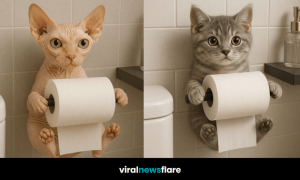 Adorable kitten acting as a toilet roll holder in a modern bathroom setting