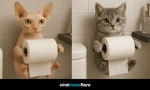 Adorable kitten acting as a toilet roll holder in a modern bathroom setting