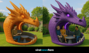 A selection of dragon head-shaped garden pods in green, orange, blue and purple set up on a lawn
