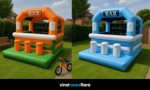 Three different inflatable bars in pink, orange, and blue set up in garden spaces, ready for outdoor parties