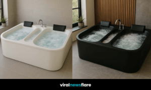 Three stylish double bathtubs in different colours showcasing modern bathroom luxury designs