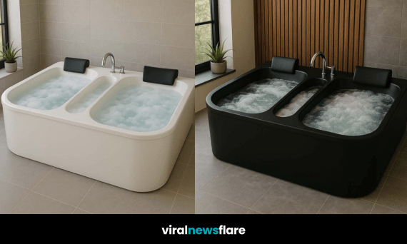 Three stylish double bathtubs in different colours showcasing modern bathroom luxury designs
