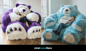 Giant plush teddy bear sofa with a woman relaxing in its soft embrace in a bright room.