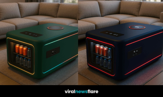 Modern LED coffee table with built-in fridge and wireless charging in a contemporary lounge