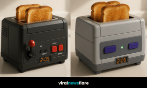 Set of novelty toasters styled as various retro gaming consoles on a kitchen worktop