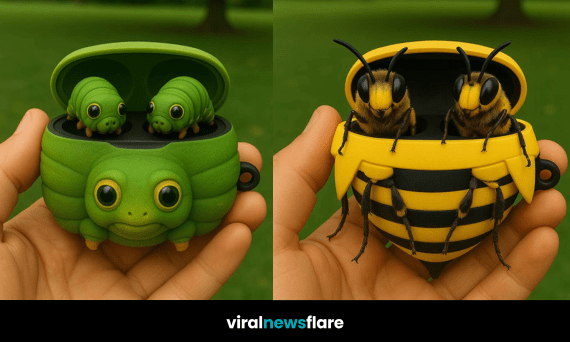 Highly detailed spider-shaped earbud and charging case held in hand outdoors