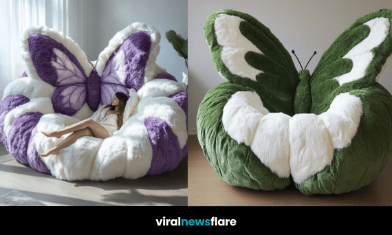 A woman relaxing on an oversized purple and white butterfly armchair in a bright modern room.