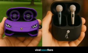 A collection of unique earbuds shaped like cars and musical instruments displayed in themed cases.