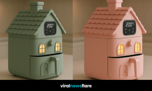 A collection of house-shaped air fryers in sage green, terracotta, rose pink, and lavender purple lined up on kitchen counters.