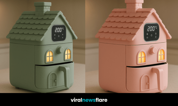 A collection of house-shaped air fryers in sage green, terracotta, rose pink, and lavender purple lined up on kitchen counters.