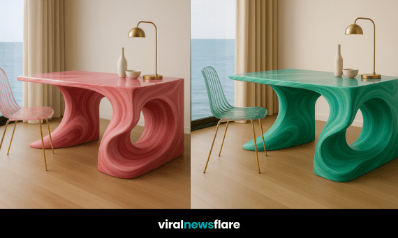 Bold aqua blue swirl desk with sculptural curves next to a floor-to-ceiling ocean-facing window