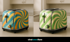 A colourful line-up of psychedelic swirl toasters in red, teal, pink, and green on a modern kitchen countertop.