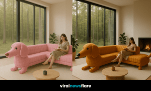Unique dog-shaped sofa in minimalist living room with forest view through large glass windows