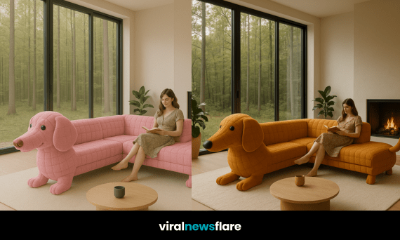 Unique dog-shaped sofa in minimalist living room with forest view through large glass windows