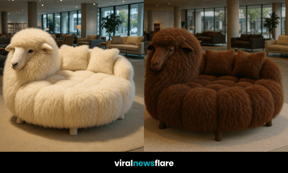 Collection of large sheep-shaped sofas in various colours displayed in a spacious showroom
