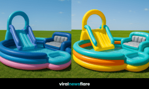Inflatable pool sofa with slide and lounge area in a sunny green garden