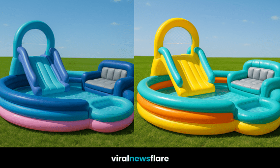 Inflatable pool sofa with slide and lounge area in a sunny green garden