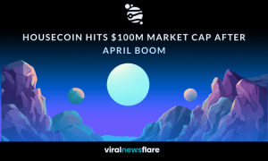 Futuristic digital landscape with floating planets and bold text reading ‘Housecoin Hits $100M Market Cap After April Boom’, symbolising crypto growth
