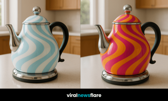 A colourful collection of swirl-pattern electric kettles arranged on a kitchen counter.