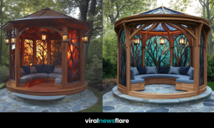 Wooden garden gazebo with stained glass panels glowing in the warm sunset light