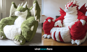 Four oversized dragon-shaped armchairs in vibrant colours for whimsical interior décor