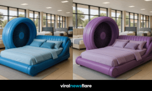 Bold bed with oversized fan-shaped headboard in a well-lit showroom