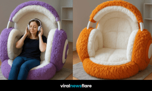 Side-by-side image of purple and orange fluffy headphone-shaped lounge chairs featured by ViralNewsFlare
