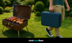 A collection of colourful portable suitcase BBQ grills cooking food in a sunny garden setting.