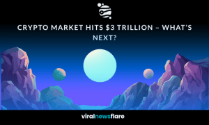 Futuristic crypto-themed graphic with planets and mountains, illustrating a $3 trillion market cap milestone for digital assets