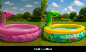 Side-by-side comparison of pink and green inflatable dinosaur splash pools spraying water in a sunny garden, used as a Viral News Flare blog header.