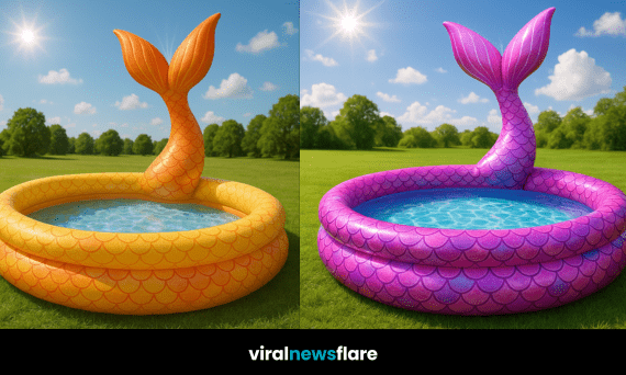 Inflatable mermaid tail splash pool in a garden with bright blue sky and sunshine.