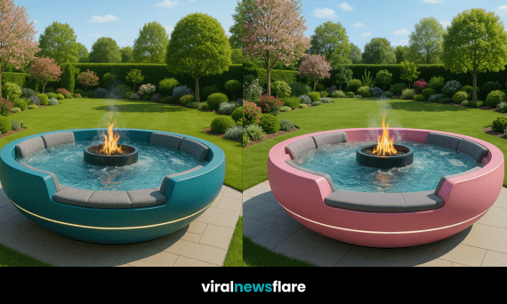 Collection of vibrant coloured fire pit hot tubs showcased in elegant garden settings