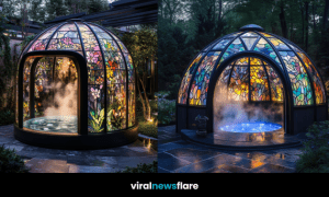 Two stunning stained glass spa pod designs featured on Viral News Flare for outdoor garden luxury.