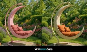 Side-by-side image of pink and cream crescent moon swing chairs with plush star cushions in a vibrant garden setting