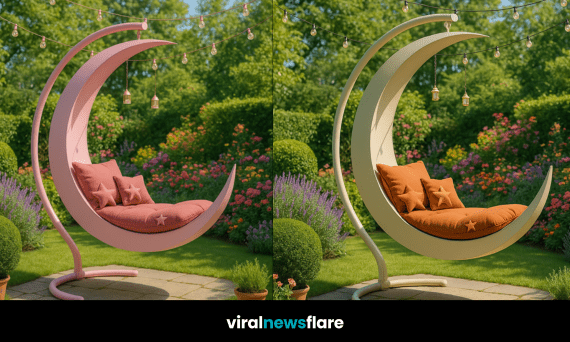 Side-by-side image of pink and cream crescent moon swing chairs with plush star cushions in a vibrant garden setting